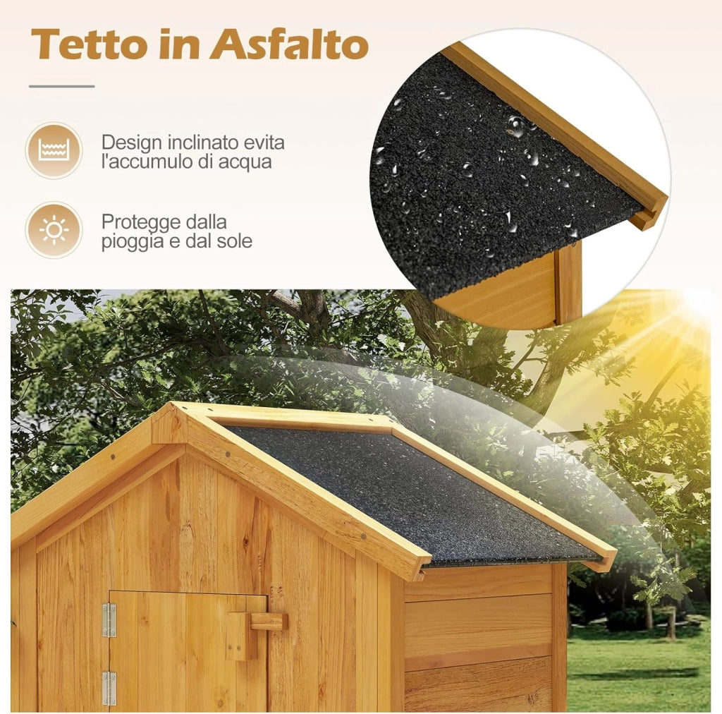 Armadio da Esterno, Armadietto da Giardino in Legno con Porta a Fienile Richiudibile con Serratura, Mensole Rimovibili, Tavolo Laterale Pieghevole, 3 Ganci e Tetto in Asfalto