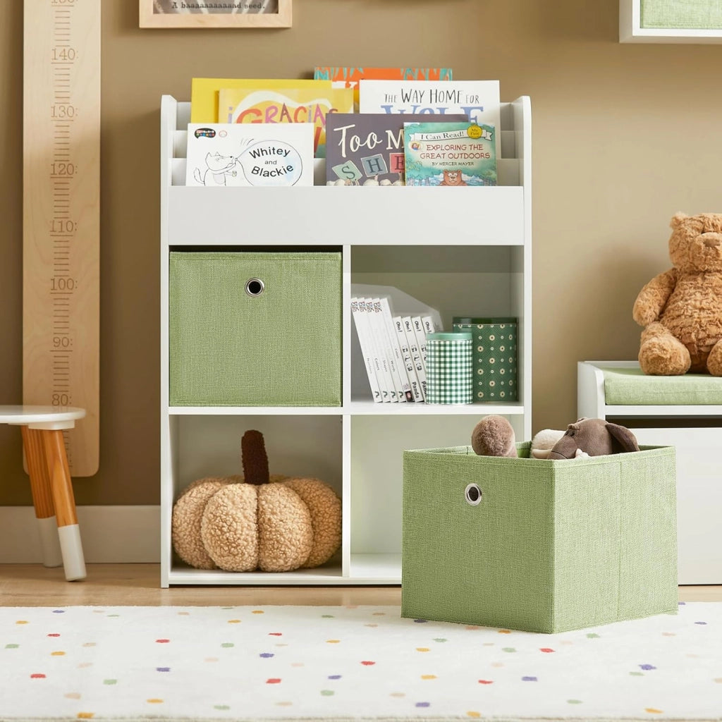 Libreria per Bambini Scaffale con 2 Scatole in Tessuto Organizzatore di Giocattoli Bianco 60x34x80cm KMB79-W