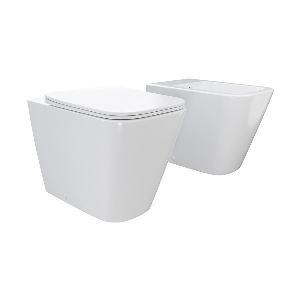 Coppia sanitari in ceramica filomuro vaso rimless, bidet e copri-wc bianco opaco | Kyoto
