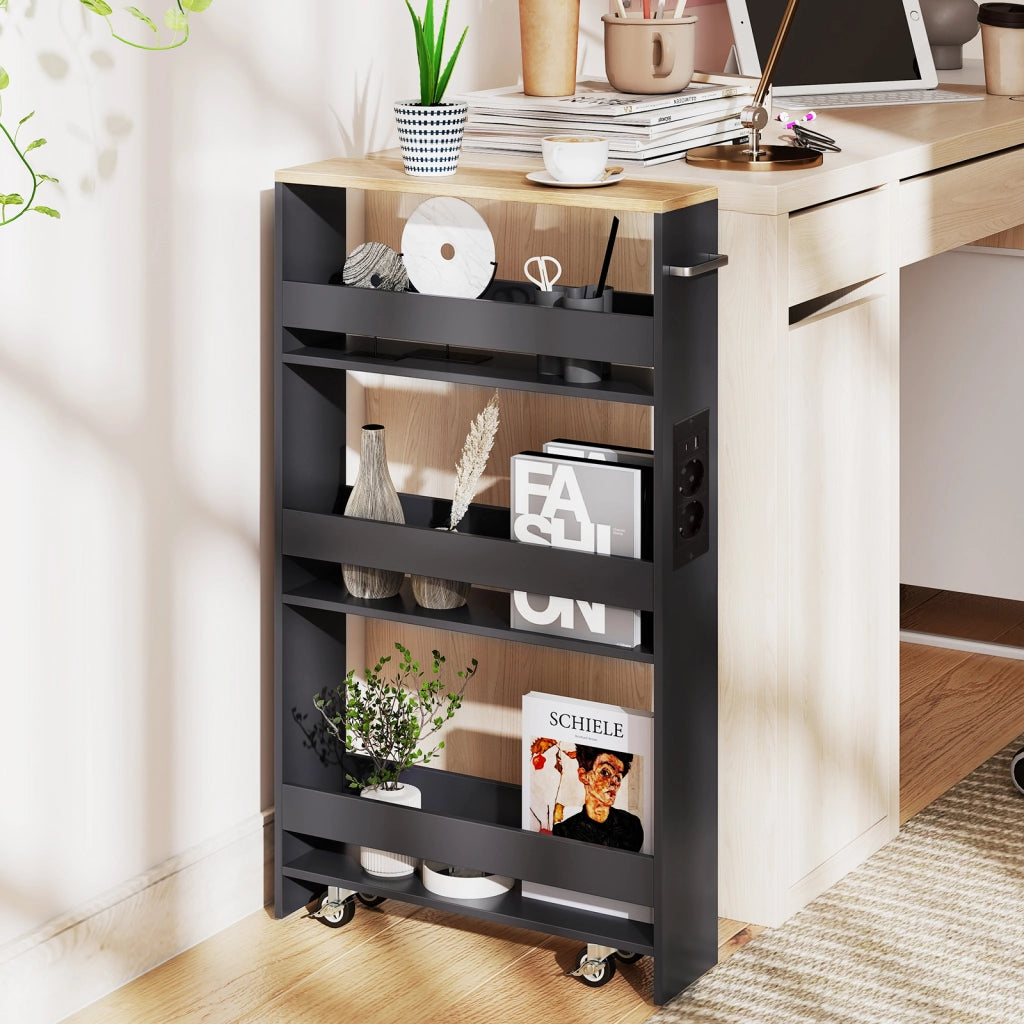 Carrello da cucina 4 ripiani con stazione di ricarica maniglia e parapetti-Scaffale stretto a sfilo con ruote bloccabili per cucina  Grigio e naturale