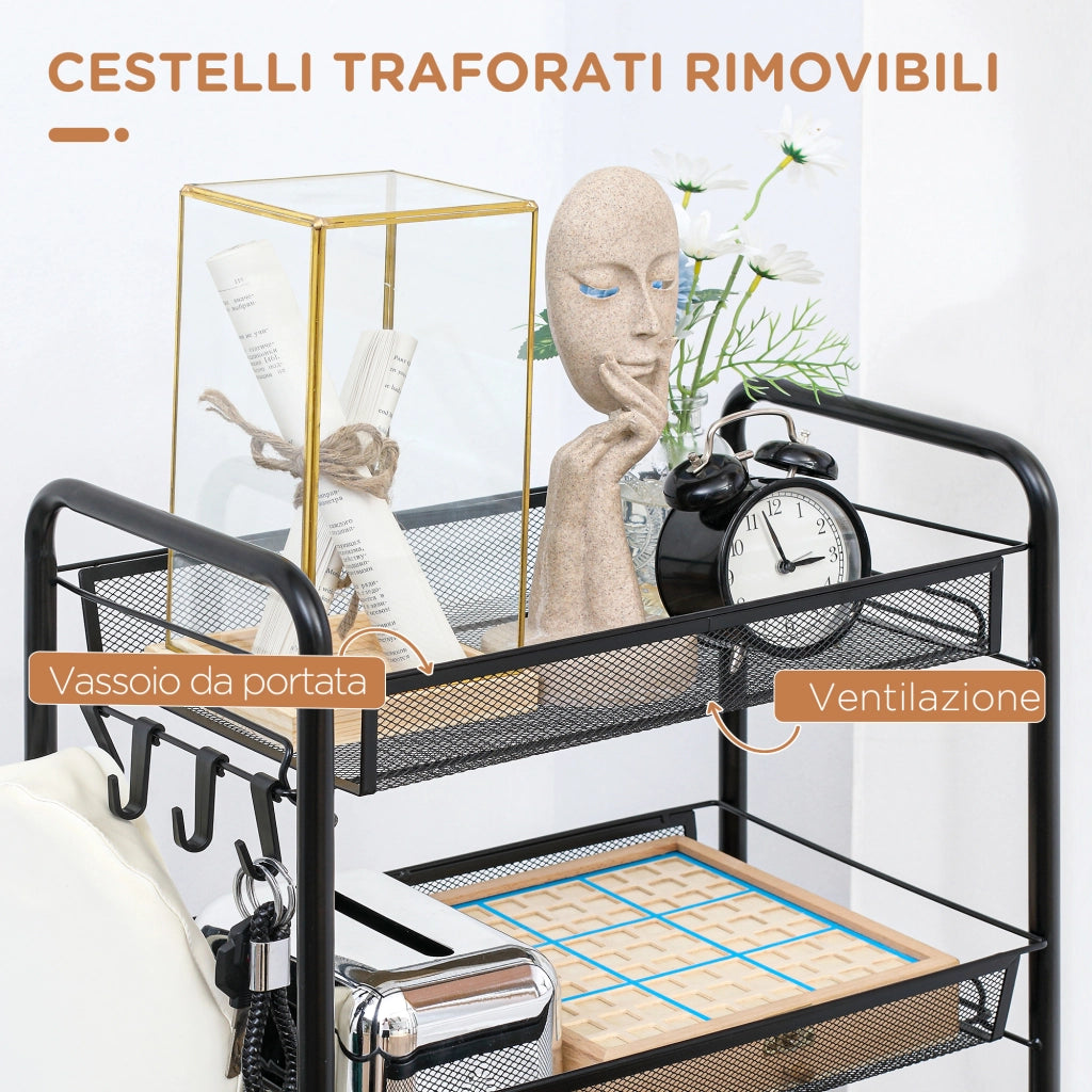 Carrello da Cucina a 5 Livelli con Cestini a Rete in Acciaio ¨C zephmum ¨C 45x26.5x106cm, Nero