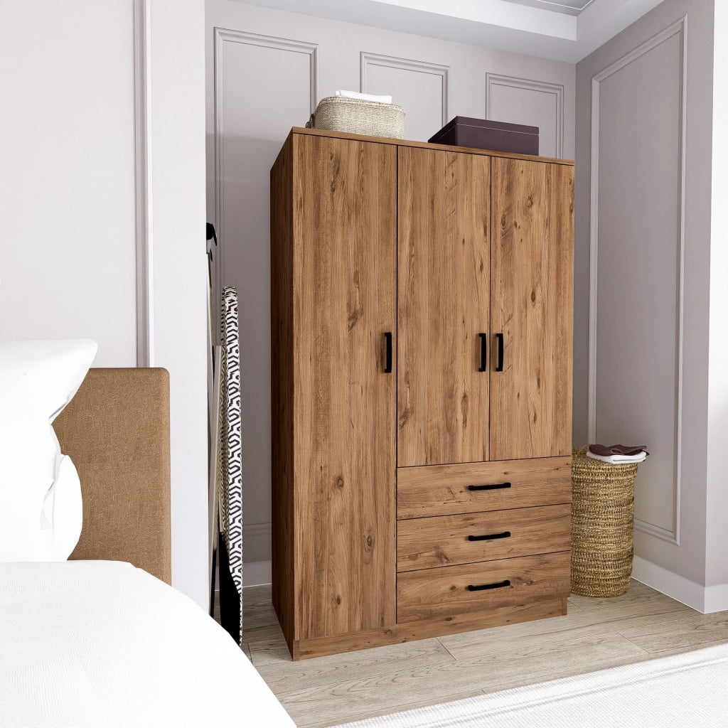 Armadio Camera da Letto Valdengo, Guardaroba 3 Ante 3 Ripiani, 90x47 cm Marrone Rovere