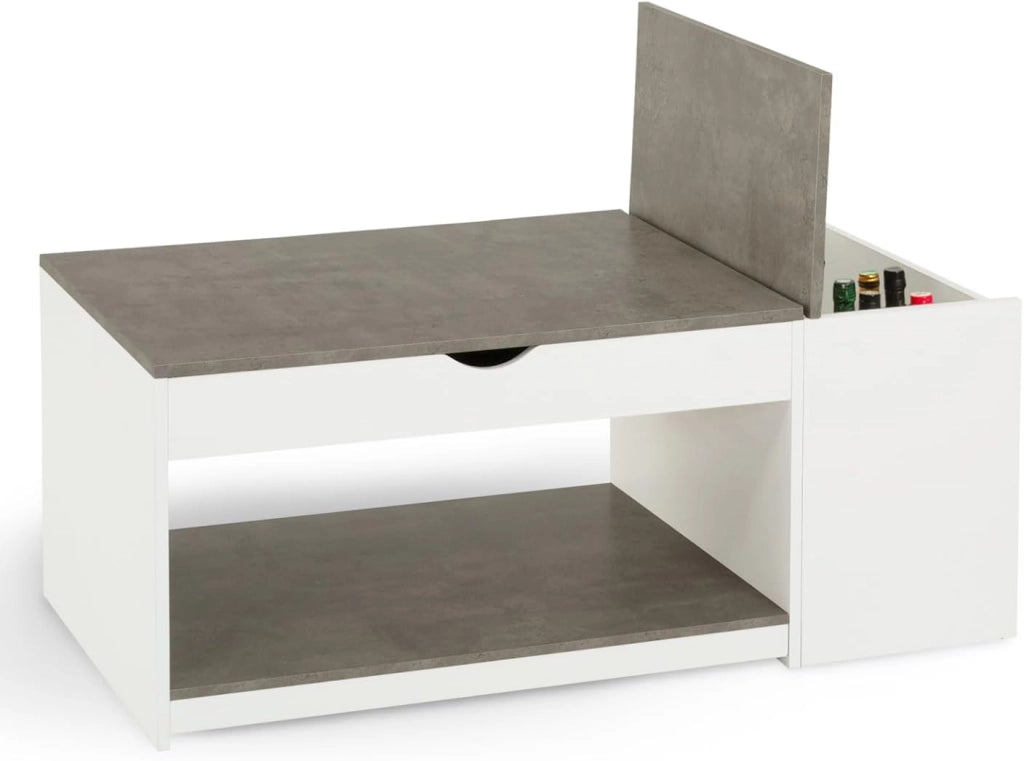 Tavolino ELEA rettangolare alzabile con cassa in legno bianco ed effetto cemento