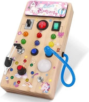 Bordo di Attività per Bambini di 1 Anno con Interruttore a LED in Legno, Giocattolo Tattile per lo Sviluppo della Motoria e della Sensibilità, Giocattolo da Viaggio per Bambini Piccoli