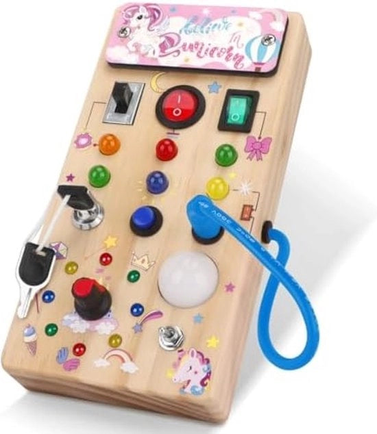 Bordo di Attività per Bambini di 1 Anno con Interruttore a LED in Legno, Giocattolo Tattile per lo Sviluppo della Motoria e della Sensibilità, Giocattolo da Viaggio per Bambini Piccoli