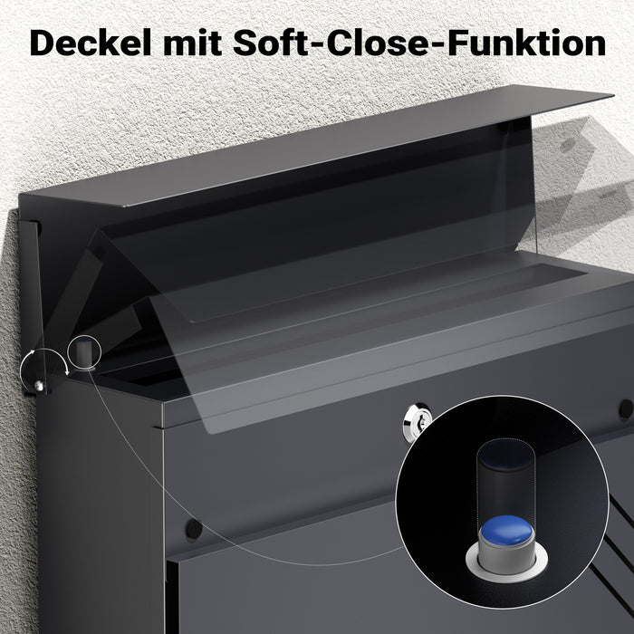 Cassetta della posta antracite V63 in acciaio 37 x 11 x 37 cm, cassetta delle lettere da parete con portagiornali e chiave