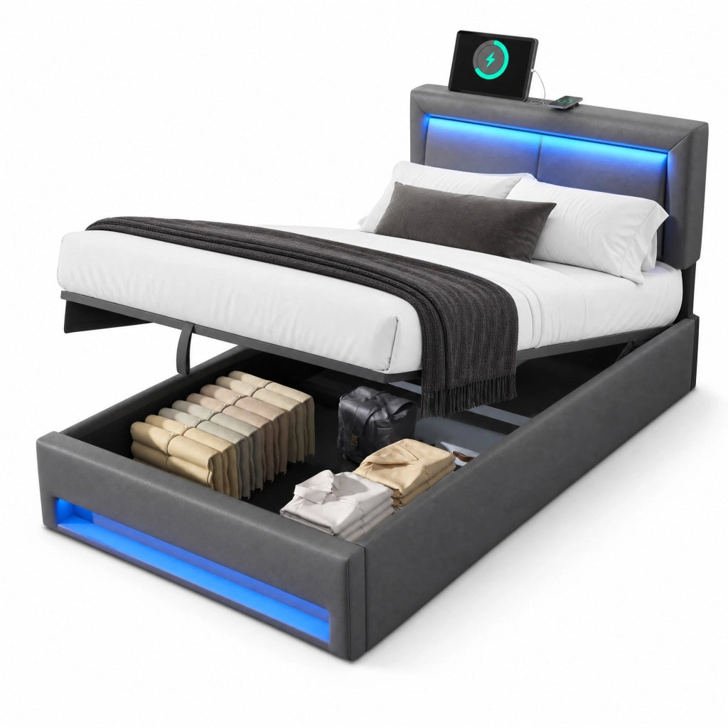 Letto imbottito 90x200 cm in PU grigio con USB; LED e contenitore; senza materasso