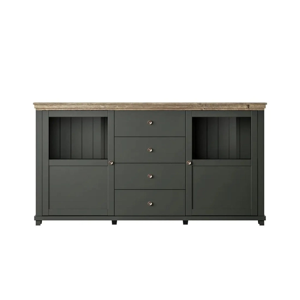 Set di 4 mobili per sala da pranzo color verde e rovere. Collezione ASSIA