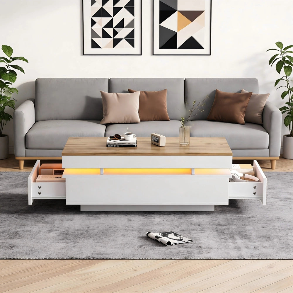 Tavolino da Caff¨¨ con 2 Cassetti e LED ¨C MINIMAL ¨C Bianco/Legno, 100x50x35