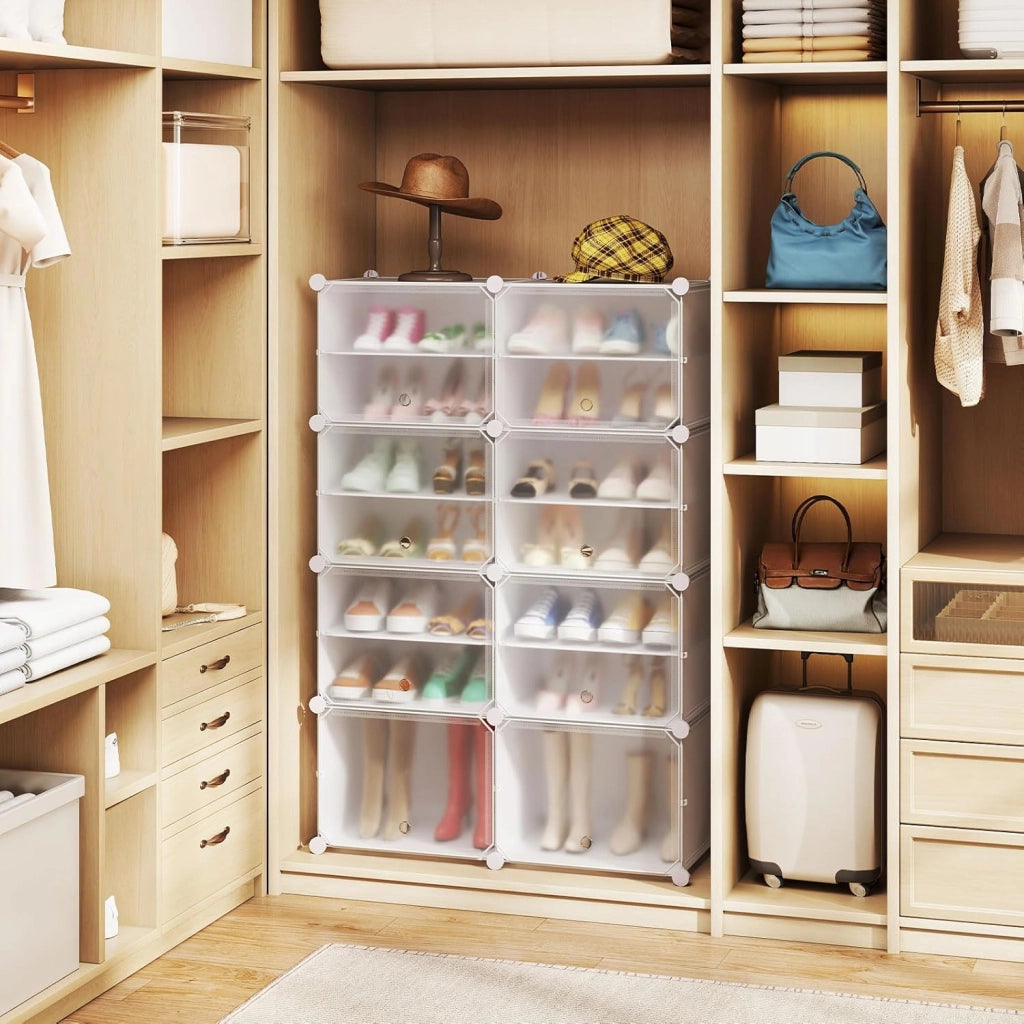 Scatola per scarpe con 12 cubi con ripiano rimovibile, mobile da 48 paia, 5 ganci da appendere, 12 ante 124 x 32 x 125 cm, per corridoio, ingresso, soggiorno, nero (Bianco)