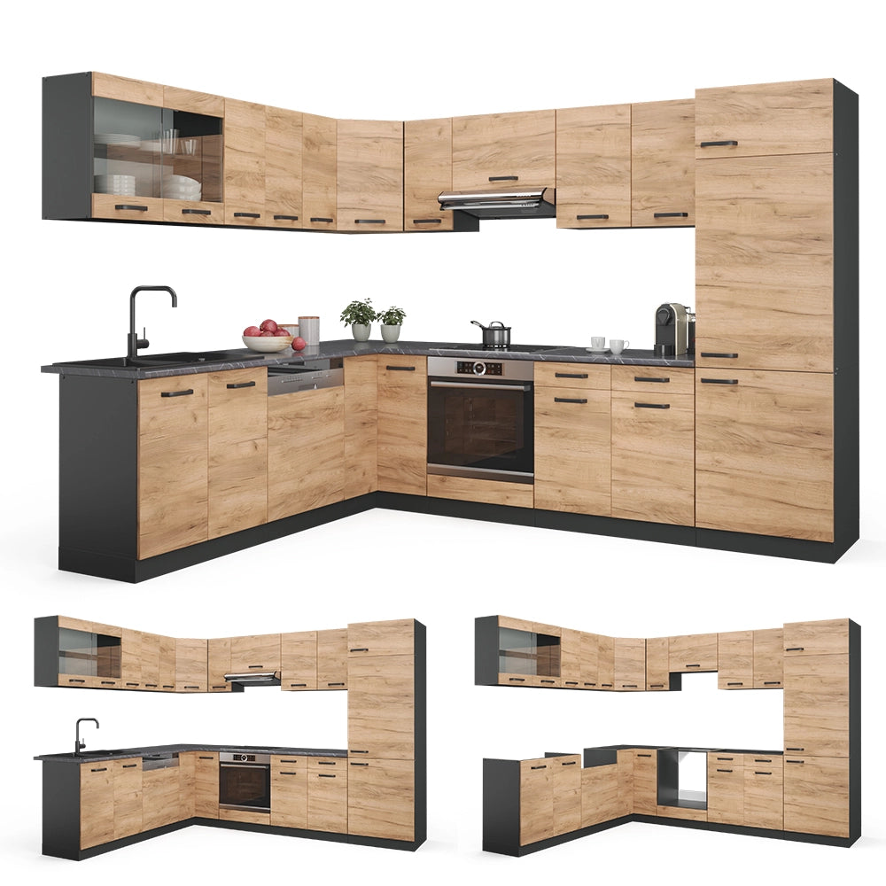 Vicco Cucina angolare completa Quercia dorata/antracite 227 x 287 cm senza piano di lavoro