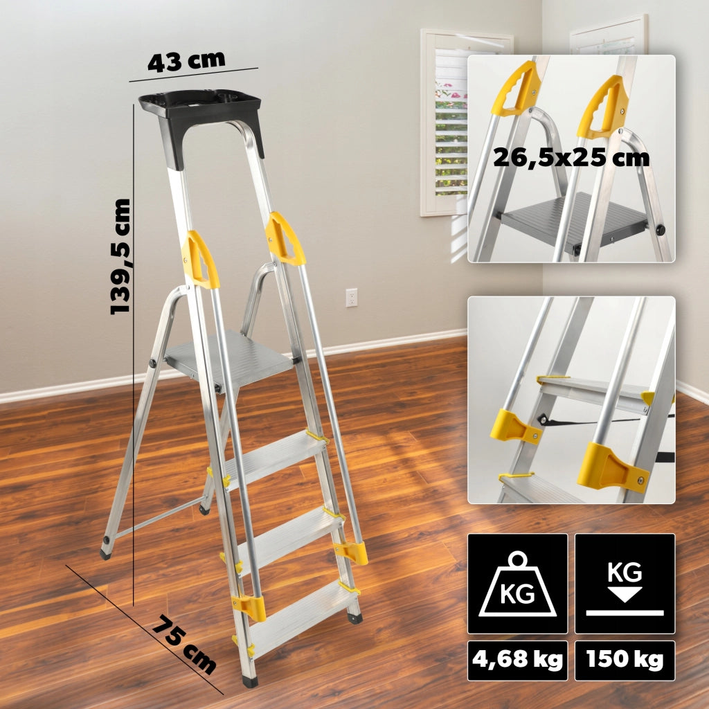 Scala domestica pieghevole in alluminio KADAX a 4 gradini con corrimano, portata massima 150 kg.