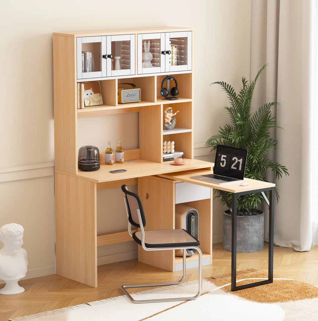 Scrivania con mobile contenitore e piano girevole; MDF; bianco e naturale