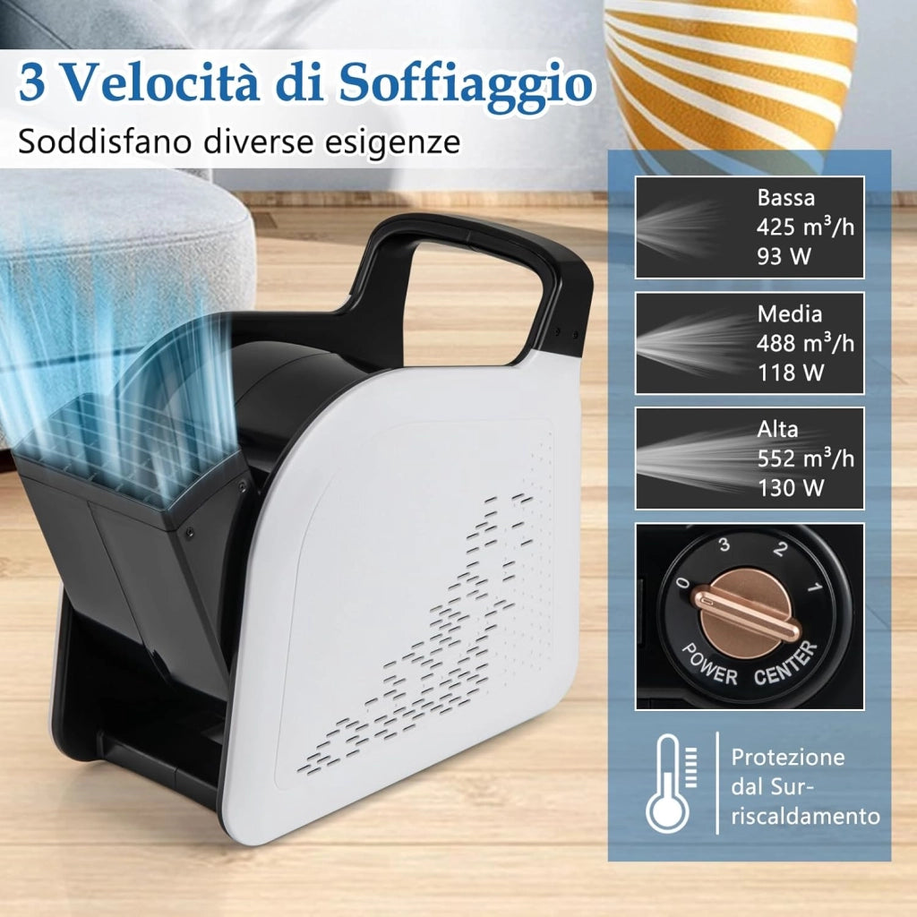 130W Ventilatore ad Alta Velocità, Ventilatore Essiccatore con 3 Velocità e Testa Pivotante a 185° per Asciugatura, Raffreddamento e Ventilazione, per Casa Garage Palestra