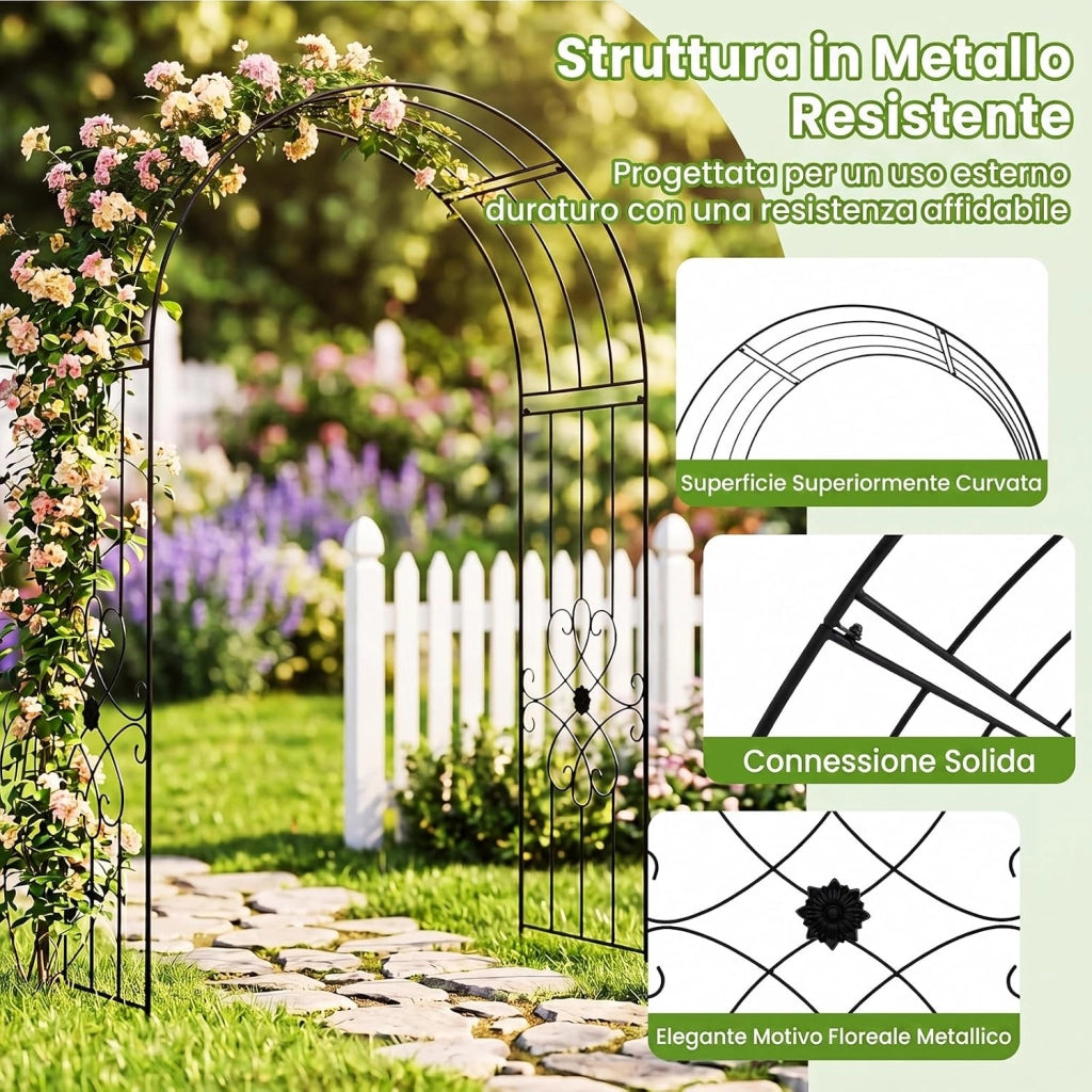 Arco per Rampicanti da Giardino in Metallo con Motivo Floreale | Pergolato per Piante Rampicanti da Girdino e Cortile, Pergola Decorativa per Festa e Matrimonio, 145 x 51 x 225 cm