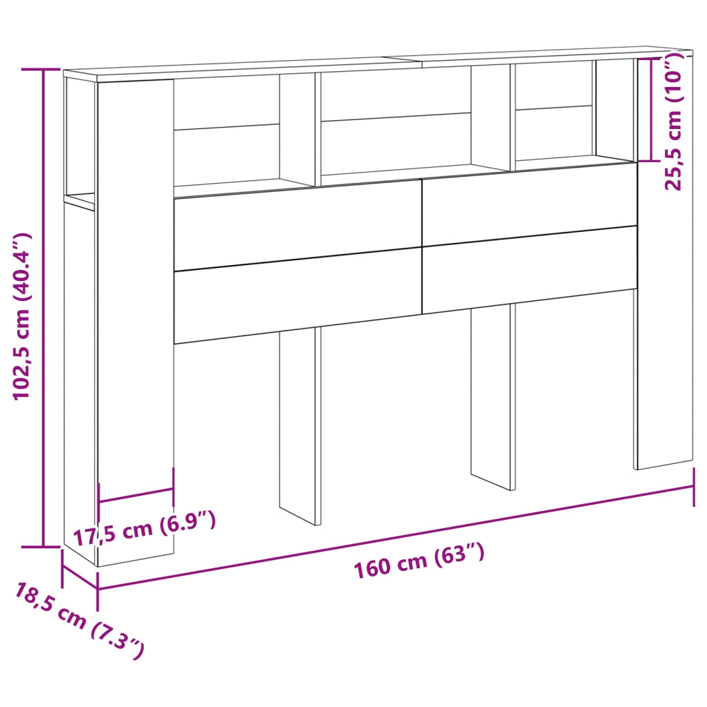 Cabinet Testiera Nero in Rovere di  - 160x19x104.5 cm Realizzato in Legno Ingegnerizzato