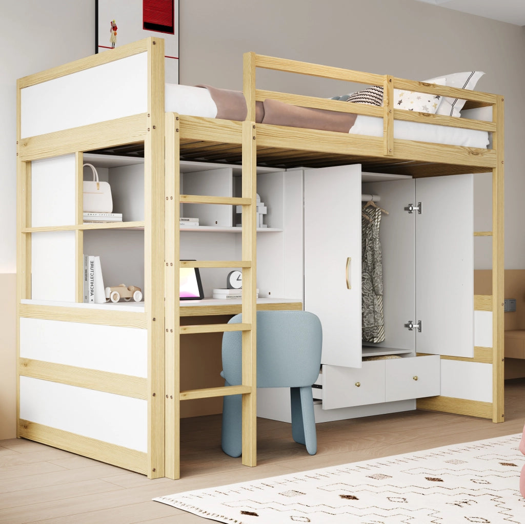 Letto a soppalco 90x200 cm in legno naturale con scrivania; armadio e cassetti