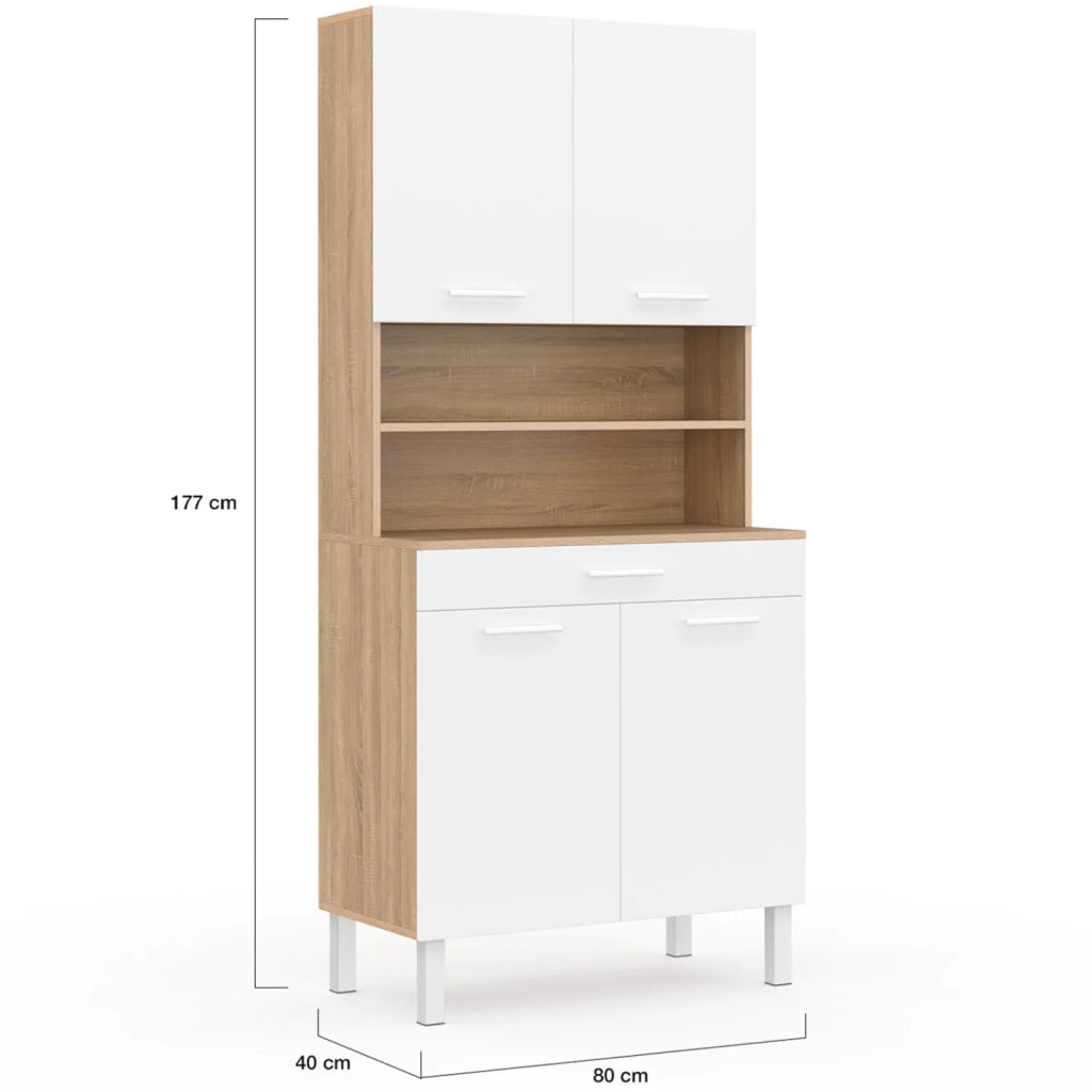 IDMarket - Comò da cucina CINA 80 CM con 4 ante + cassetto, finitura faggio e bianco