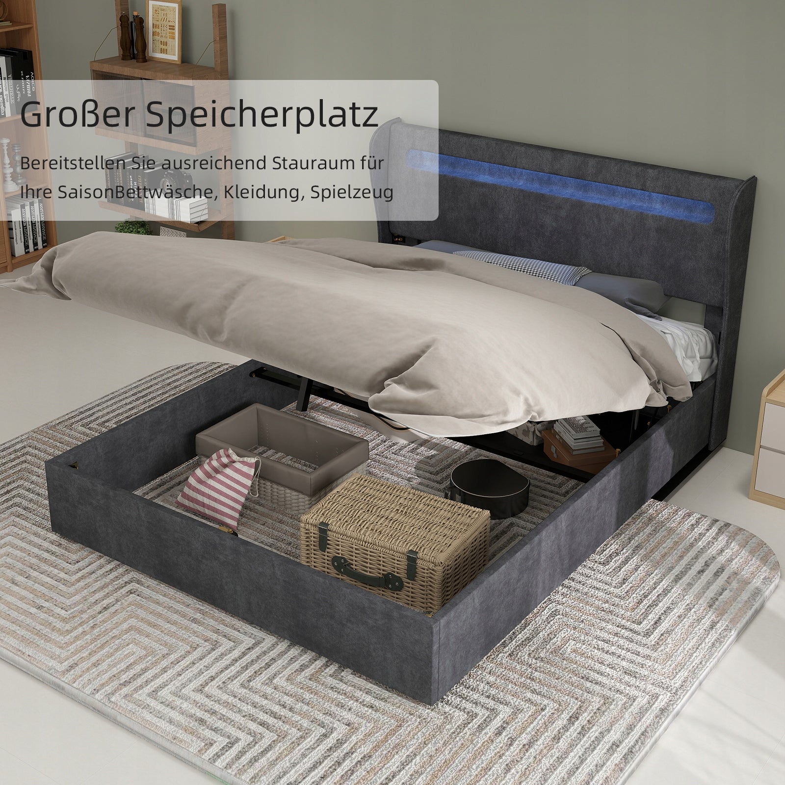 Letto imbottito 140x200 - Xylo - Grigio con LED e struttura sollevabile