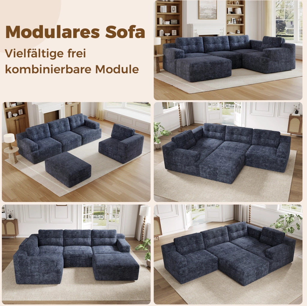 Divano modulare a U 5-6 posti con pouf in ciniglia blu