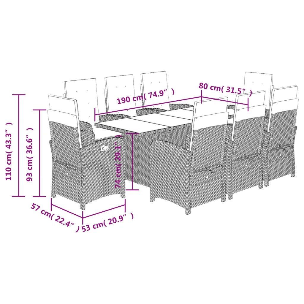 Set da Pranzo da Giardino 9 pz con Cuscini Nero in Polyrattan 3212252