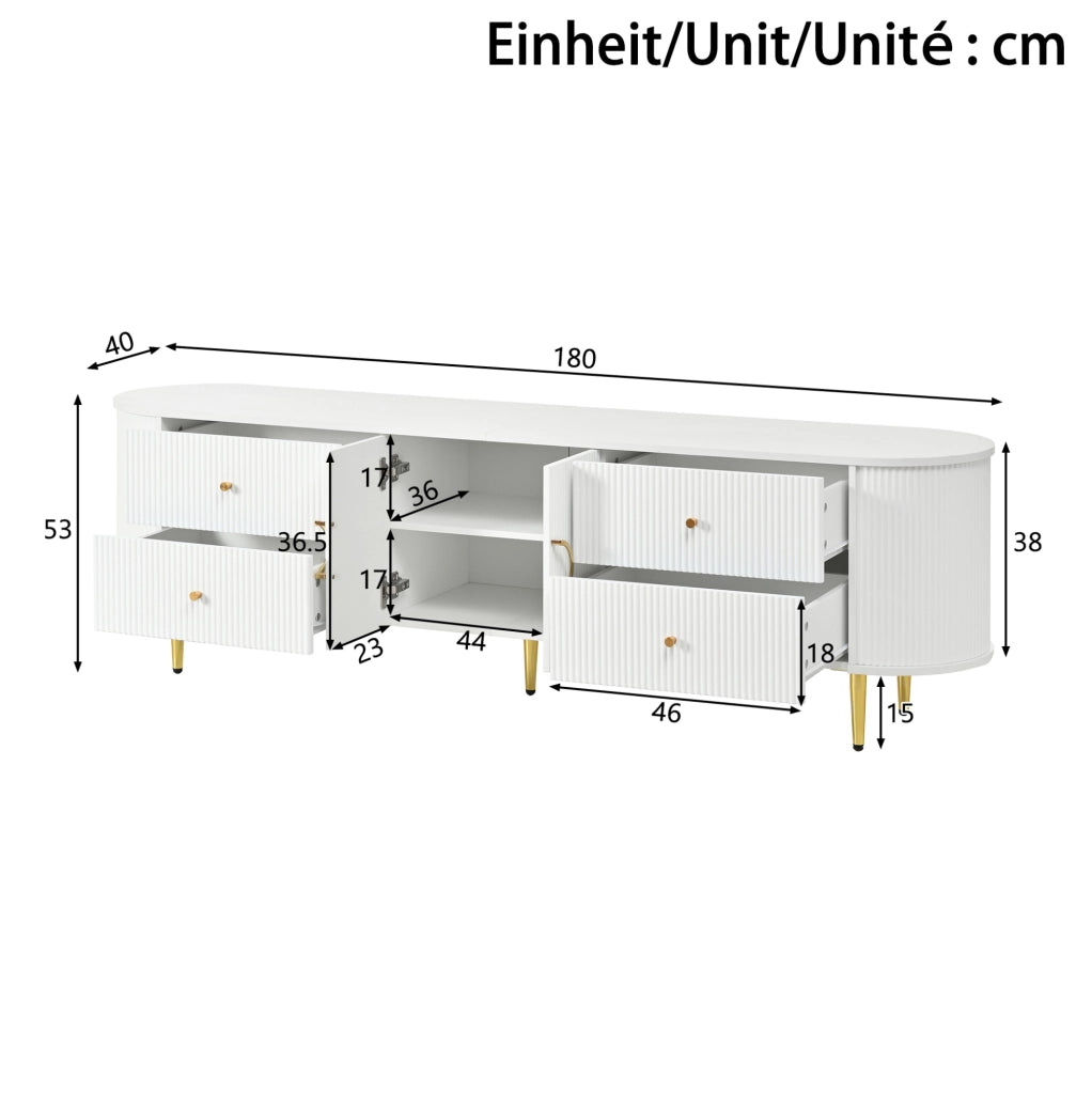 Mobile TV in MDF bianco 180x40x38 cm con cassetti; doppia anta e passacavi