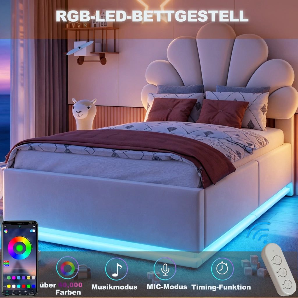 Letto imbottito beige 90 x 200 cm con contenitore idraulico e luci LED