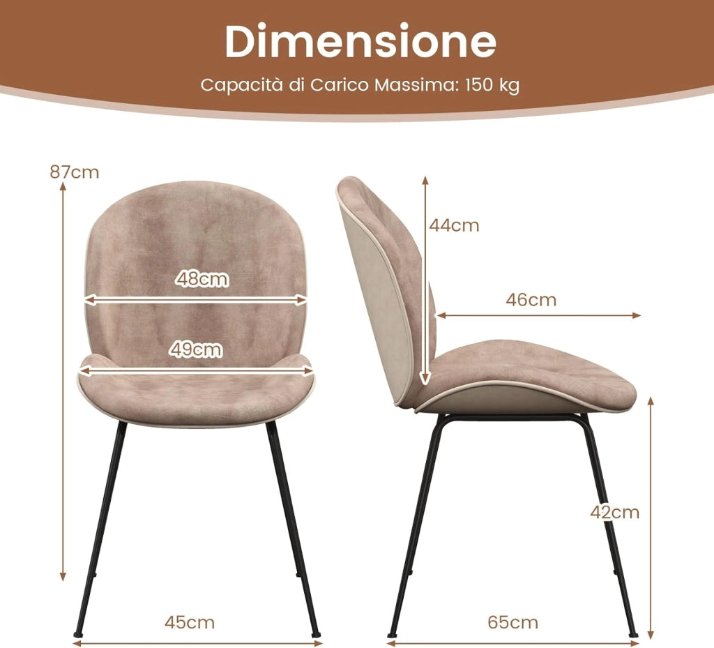 Set di 2 Sedie da Pranzo, Set di Sedie da Cucina in Velluto con Base in Metallo, Sedia Moderna Imbottita per Sala da Pranzo, Soggiorno e Camera da Letto