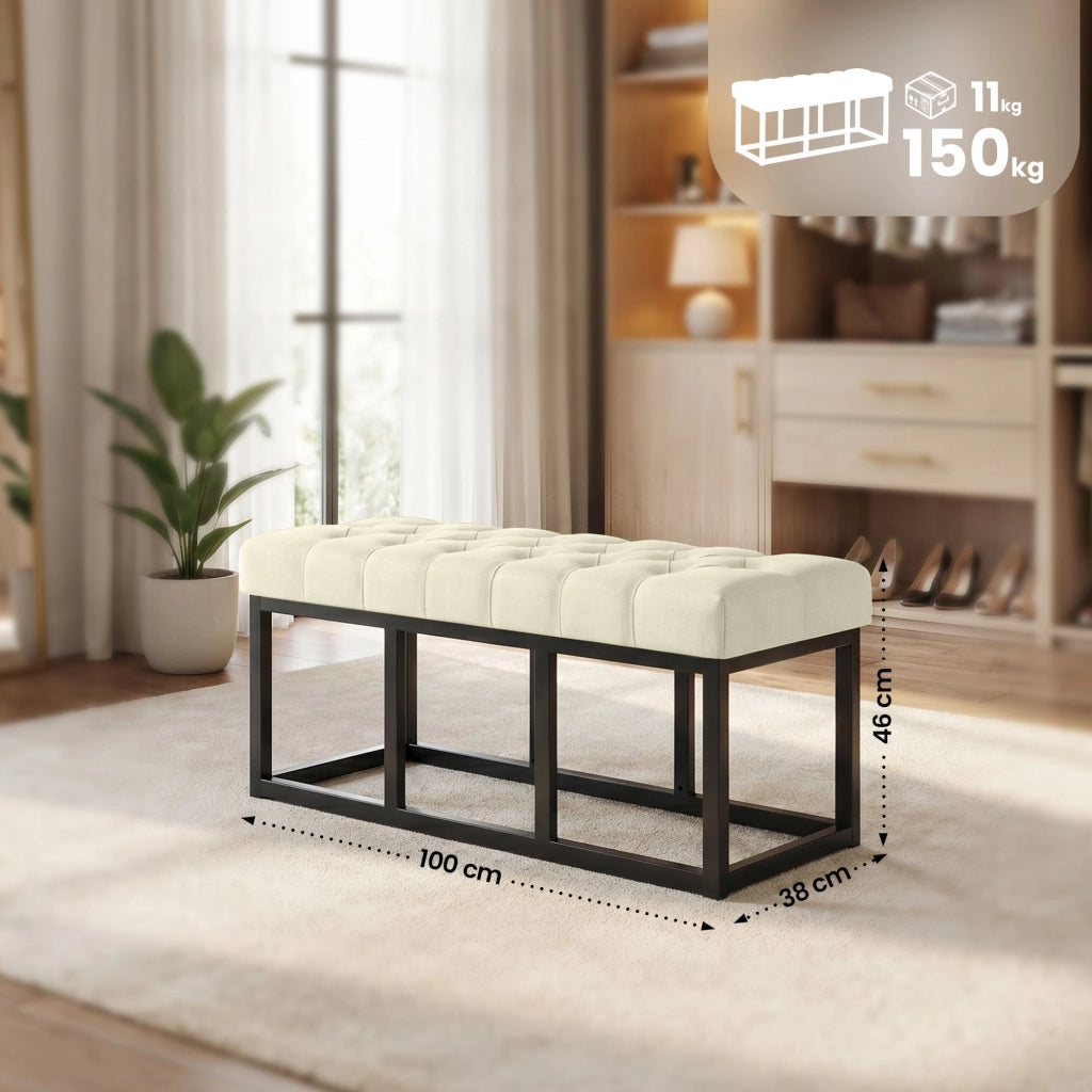 Panca design AMUN in metallo nero opaco e tessuto crema,100 cm