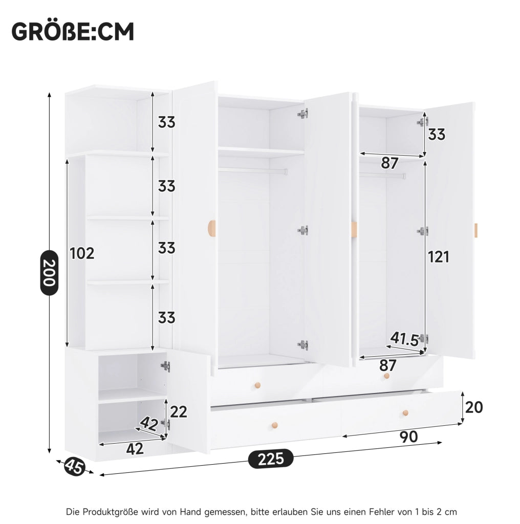 Armadio bianco 225 × 45 × 200 cm con 3 barre appendiabiti e 4 cassetti