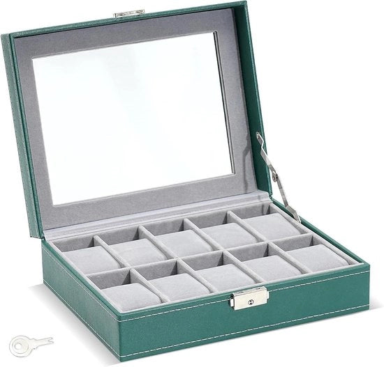 Organizzatore orologio premium per 10 orologi con vetrino e cuscini rimovibili