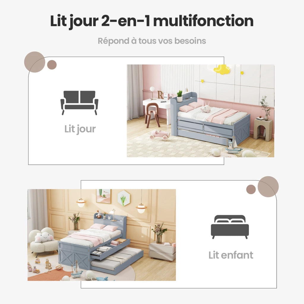 OKWISH Letto estraibile 90×190 cm, Letto Singolo con 2 Cassetti, USB e Comodino con Ripiano, senza Materasso, in Legno Massello, Grigio
