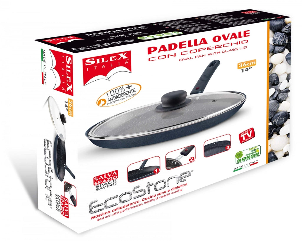 Padella ovale con manico estraibile e coperchio vetro EcoStone 36 cm