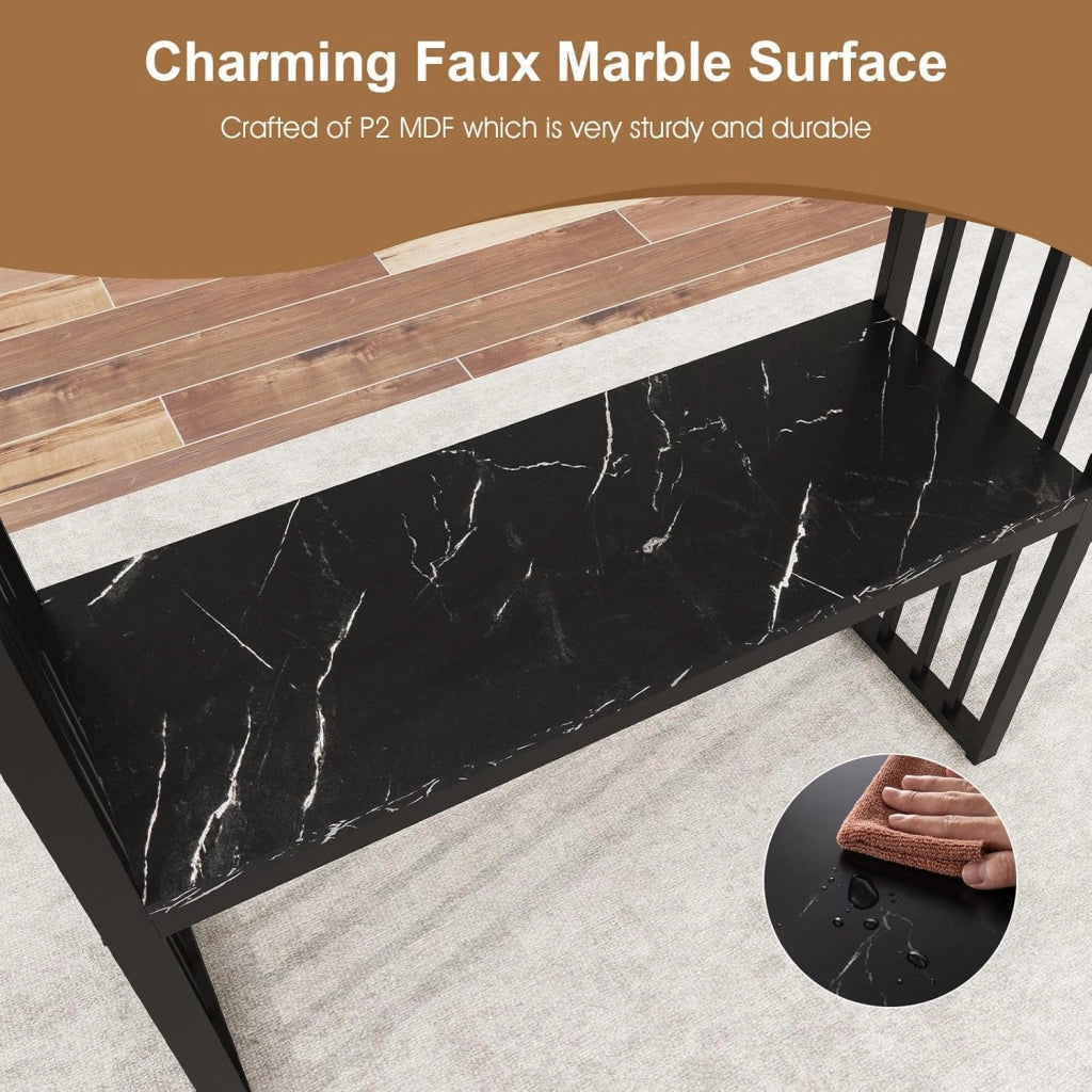 Tavolo Console da ingresso, 120 x 29,5 x 92,5 cm, piano in finto marmo e telaio in metallo, tavolino ausiliario con 2 ripiani, risparmio di spazio, tavolo da soggiorno, corridoio (nero)