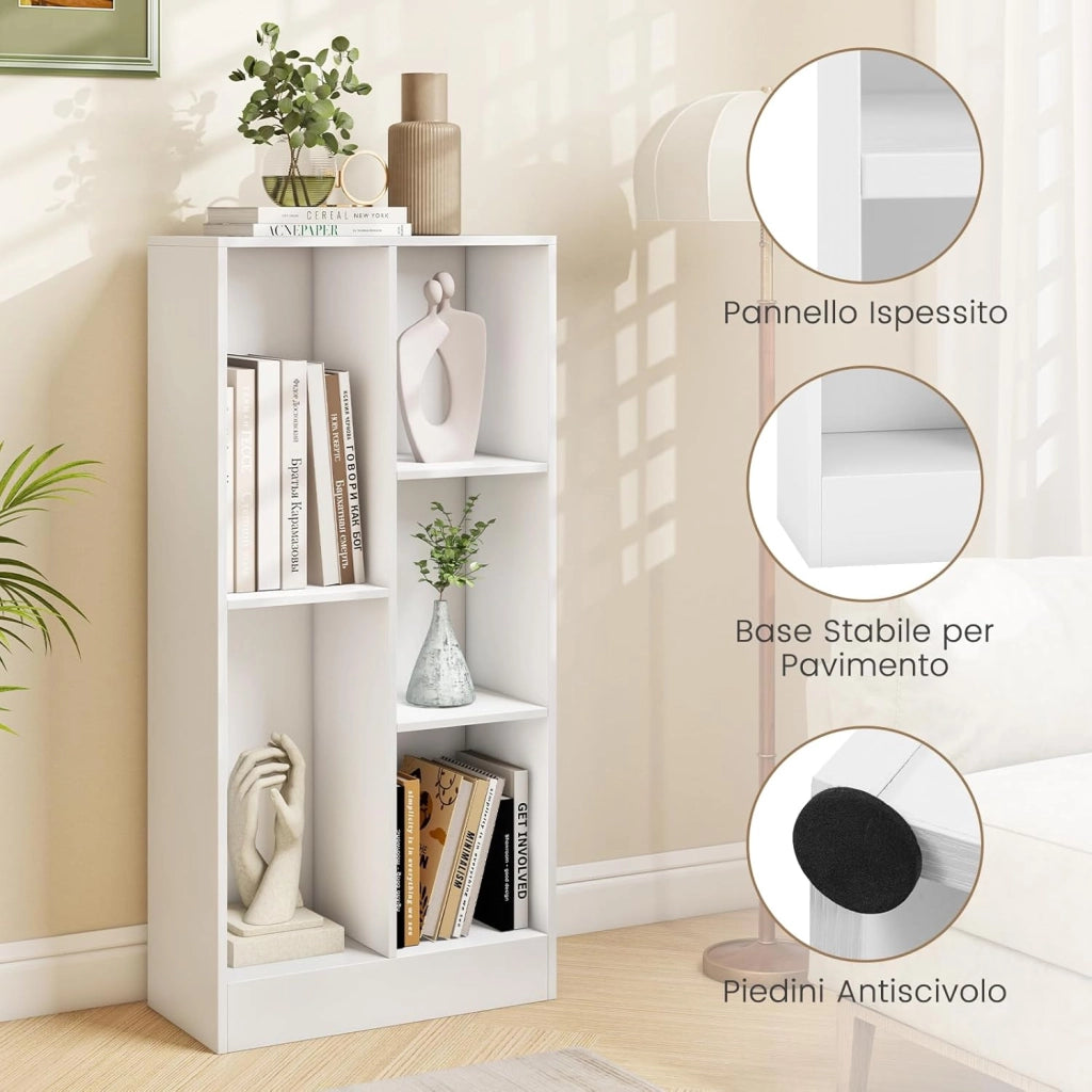 Libreria a 5 Cubi, Organizzatore di Stoccaggio Autoportante a 3 Livelli con 2 Kit Antiribaltamento, Mensola in Legno per Soggiorno Camera da Letto Ufficio, 50x24x104 cm