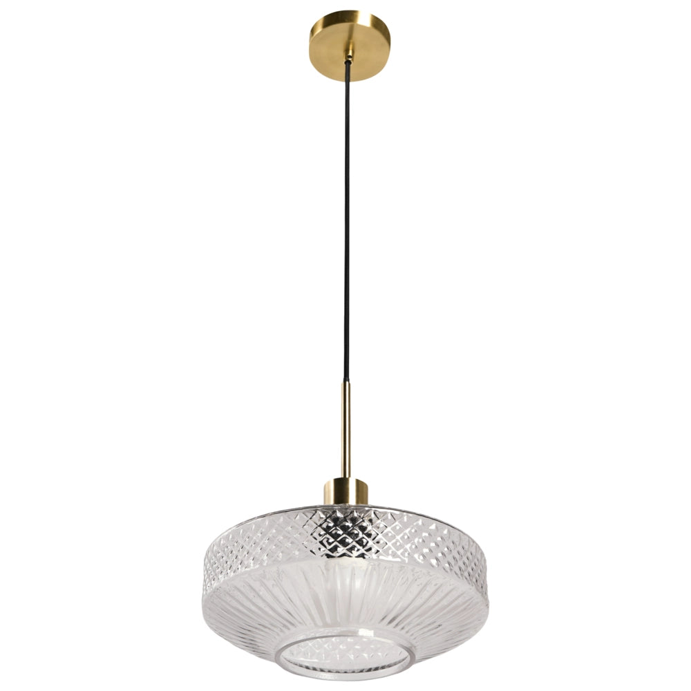 Lampada a sospensione con paralume in vetro trasparente e base in metallo dorato effetto cristallo stile moderno e glamour
