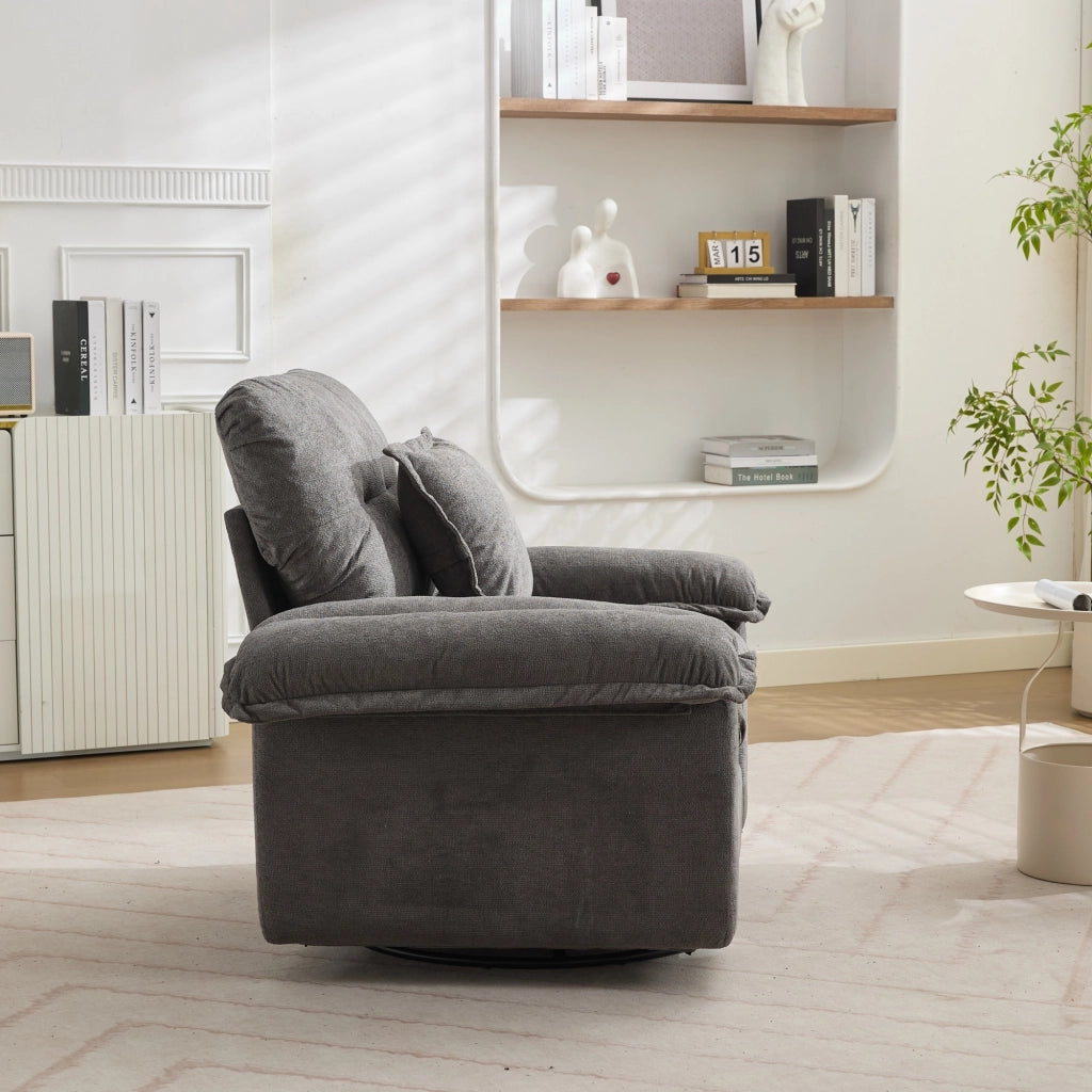 Fauteuil girevole a 360° oversize con cuscino di supporto e base in metallo in ciniglia grigia