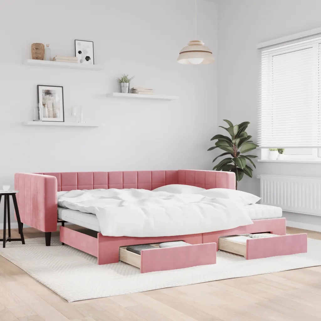 Divano Letto Estraibile con Cassetti Rosa 100x200 cm Velluto 3196773