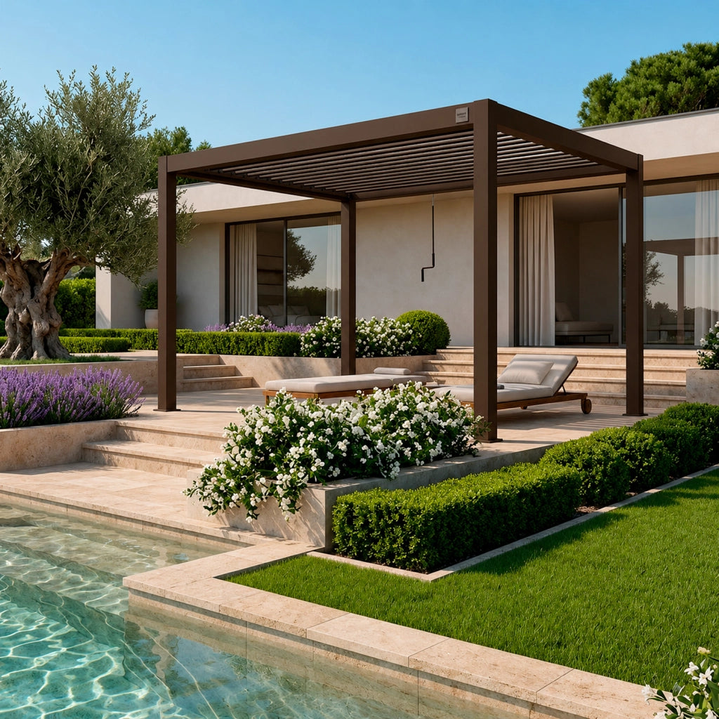 Gazebo Pergola Bioclimatica Con Lamelle Regolabili Sistema Di Deflusso Dell Acqua Struttura In Alluminio E Acciaio Resistente Ai Raggi UV Ideale Per Giardino Terrazza E Piscina 3x4 Metri Marrone Opaco