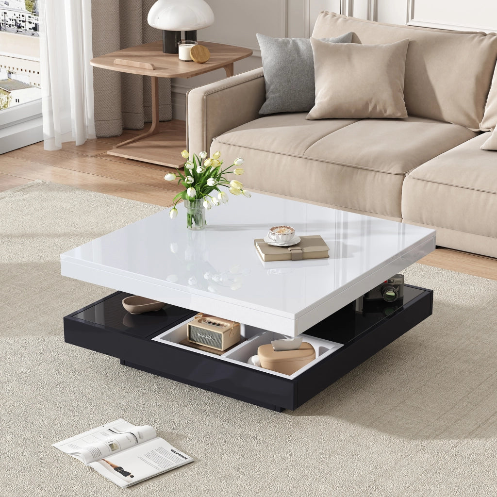 Tavolino da caffè con piano girevole - per soggiorno - 70×70×36 cm - bianco e nero