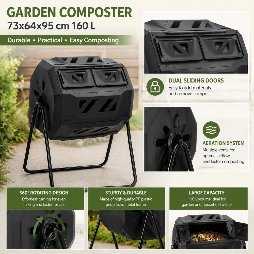 Garden Composter, Black, 73x64x95 Cm, 160 L