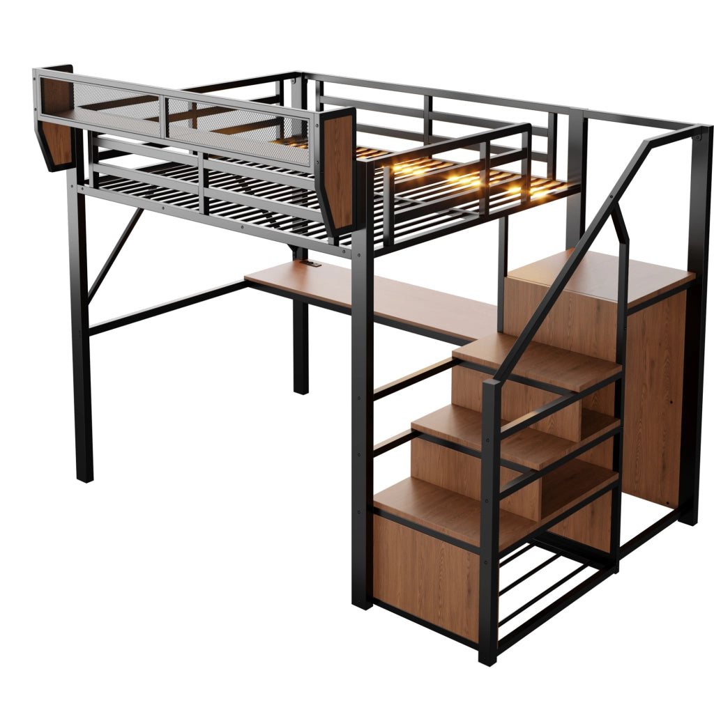 Letto a soppalco in metallo 140x200 cm con scrivania, LED e ripiani regolabili