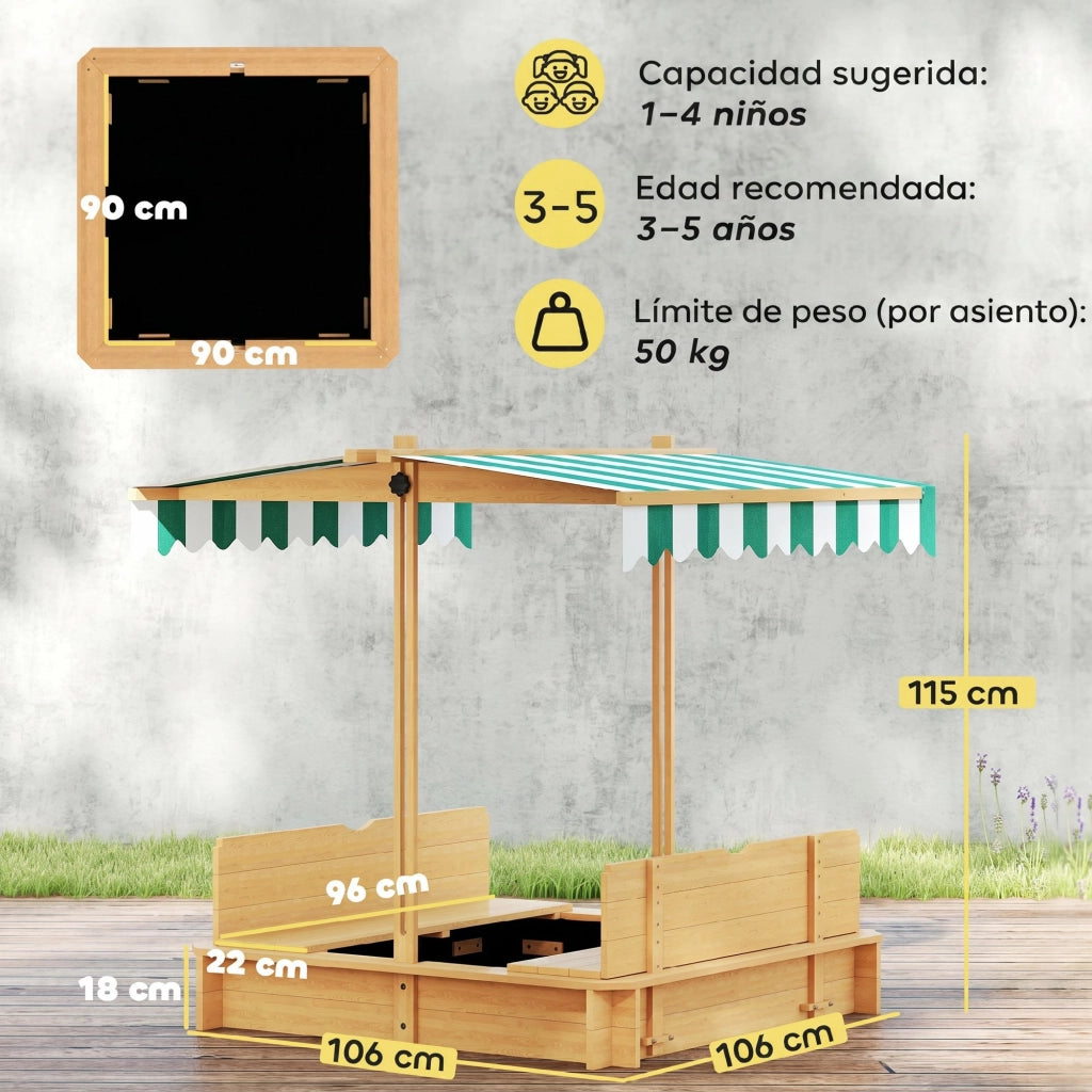 Arenero con Toldo Ajustable e Panche ¨C zephmum ¨C 106x106x115 cm Legno Naturale