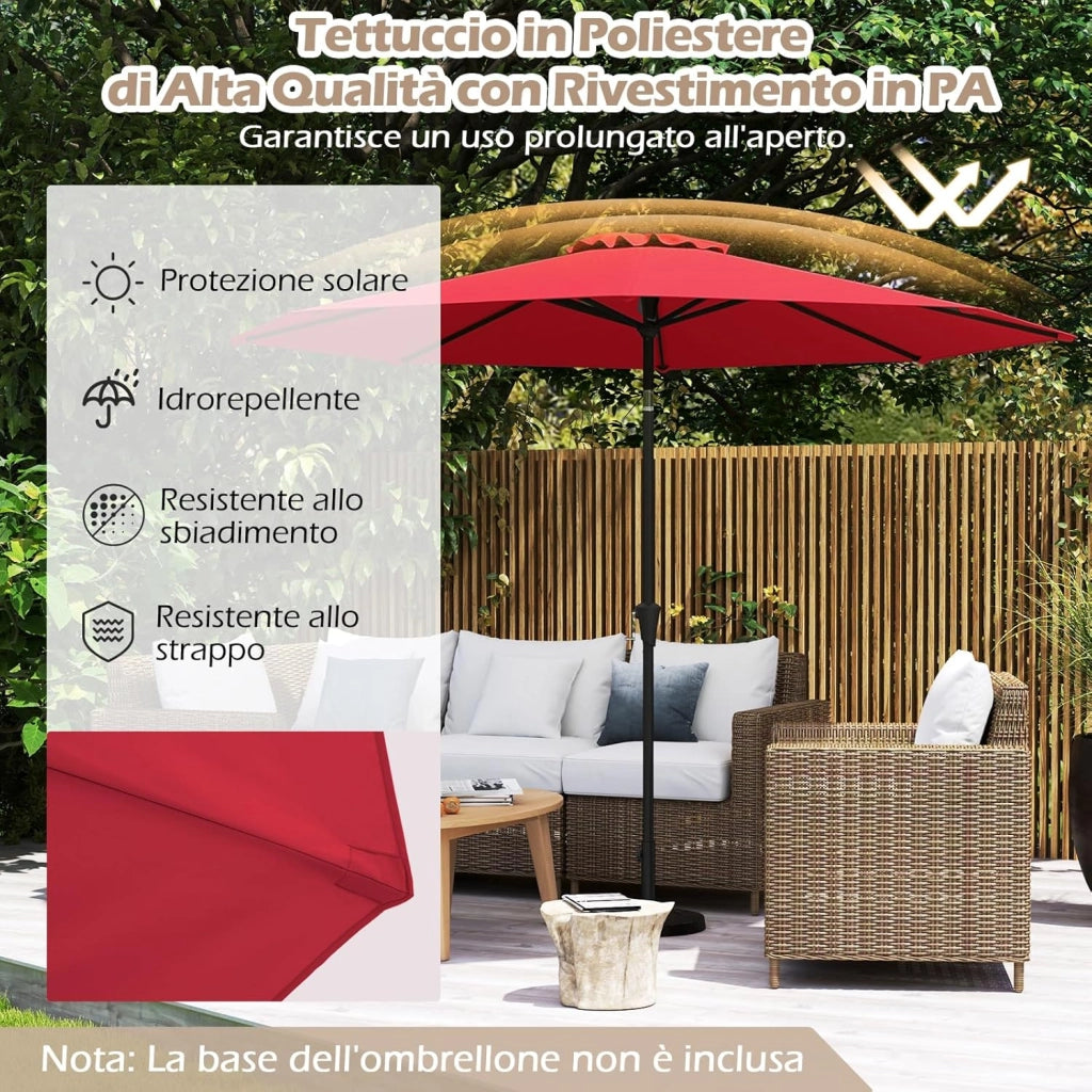 Ombrellone da Giardino, Diametro 290 cm, Ombrello da Spiaggia con Manovella e Inclinazione Regolabile, Ideale per Spiaggia, Balcone, Giardino (Rosso)