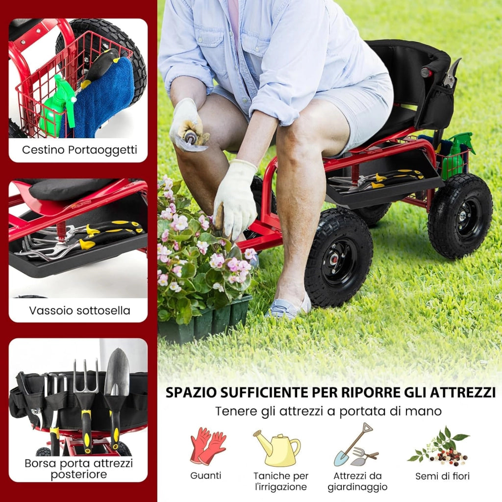 Sgabello da Giardino con Ruote, Sgabello da Giardinaggio con Sedile Regolabile e Girevole, Manico Telescopico, Vassoio, Cestello e Borsa per Attrezzi, Portata 150 kg, 90 x 61 x 60-69 cm
