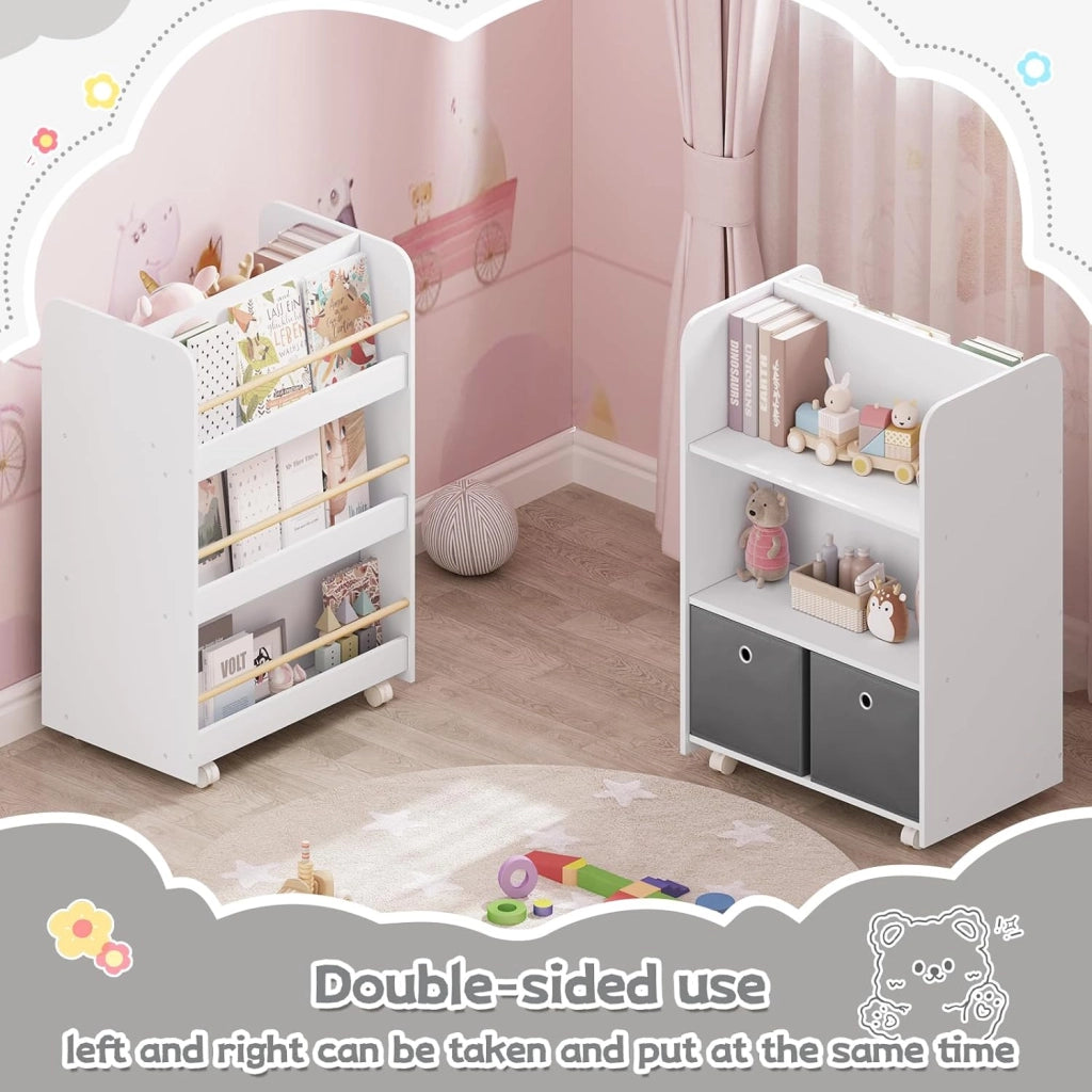 Libreria per Bambini con Ruote 2 in 1, Porta Libri e Giocattoli, Libreria a 3 Ripiani e Portagiochi con Scatole e Scomparti Aperti per Camerette, Asili, in Legno, Bianco, 62,5x40x82,5cm