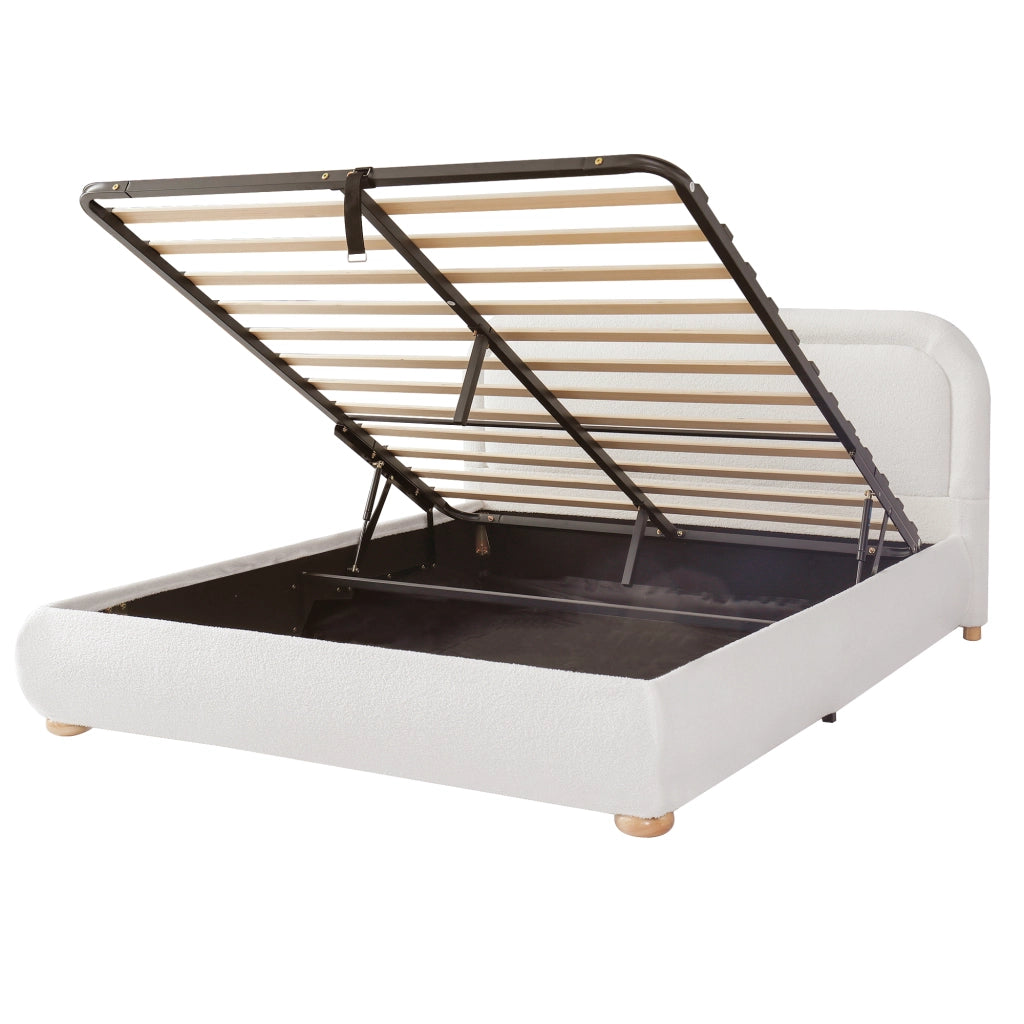 Letto contenitore imbottito 160x200 cm con sollevamento idraulico; rete a doghe; rivestimento bouclé; beige