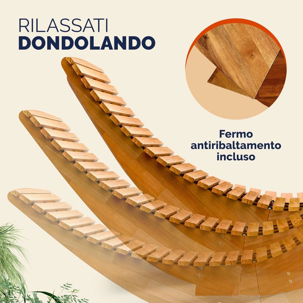 ® 2x Sdraio a Dondolo JAVA Pieghevole 155x60x93cm Portata 160 kg Legno Acacia Certificato FSC® Lettino Sauna