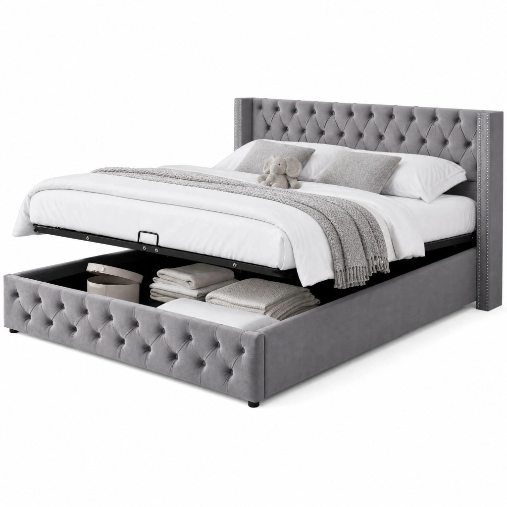 Letto matrimoniale imbottito con contenitore 140x200 cm in velluto grigio; stile Chesterfield
