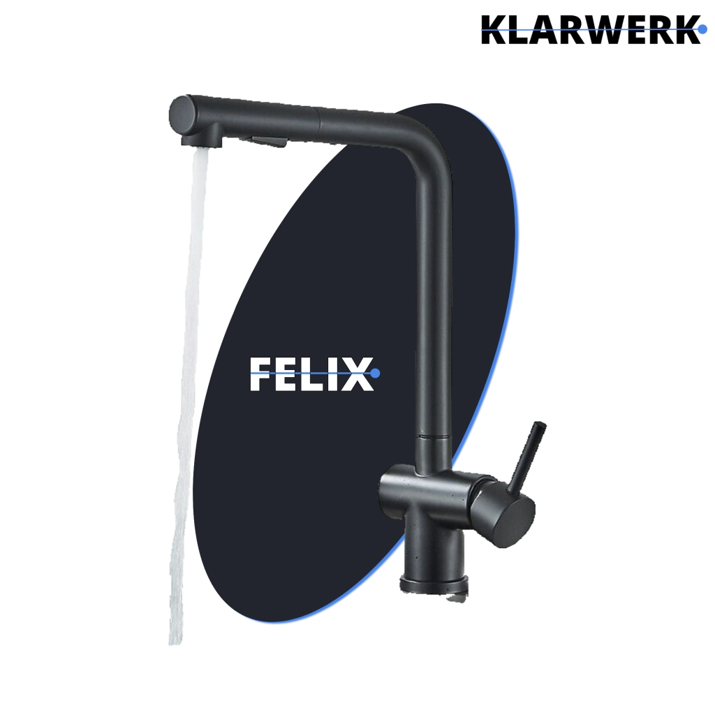 FELICE| Rubinetto da cucina estraibile Premium in acciaio inox nero opaco | Miscelatore canna dritta | Rubinetto gastro alta pressione 360° 2 attacchi